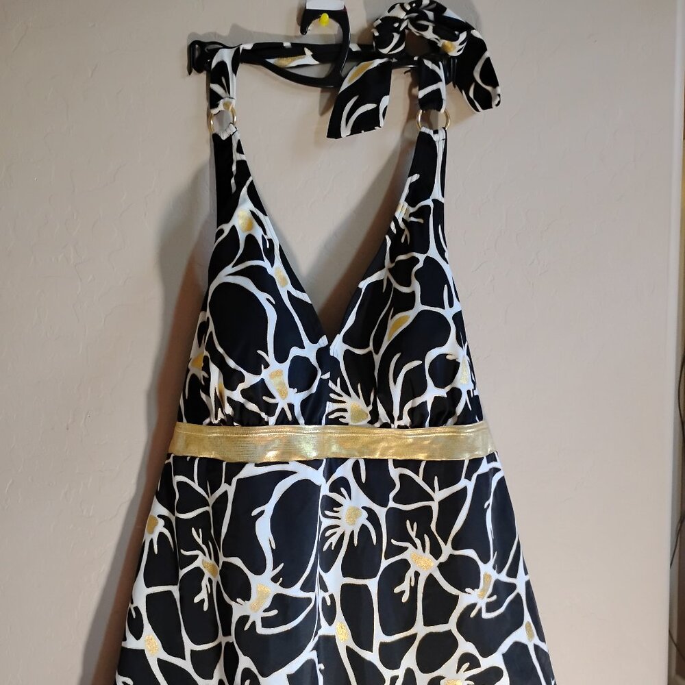 Avenue Swim Black Metallic Gold Halter Tankini Size 16